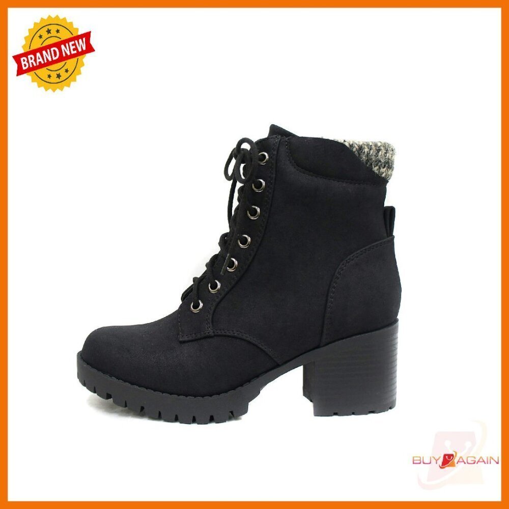 Chunky Heel Combat Boots with Lug Sole, Side Zipper, Size Available